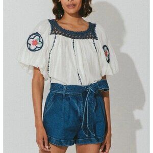 Cleobella Navi Blouse Womens Extra Small Hand Embroidered White Blue New‎